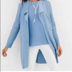 Chico’s Faux Suede Jacket Blazer Long Line Duster River Blue Snakeskin Size L
